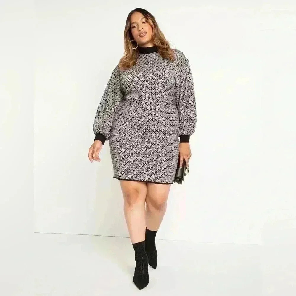 Eloquii Textured Knit Dress with Black and White Jacquard Design, sz 18/20, NWT